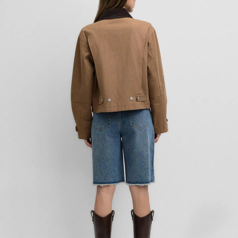 zip jacket, corduroy collar, brown, Cotton. Made by Mod Ref. Back View