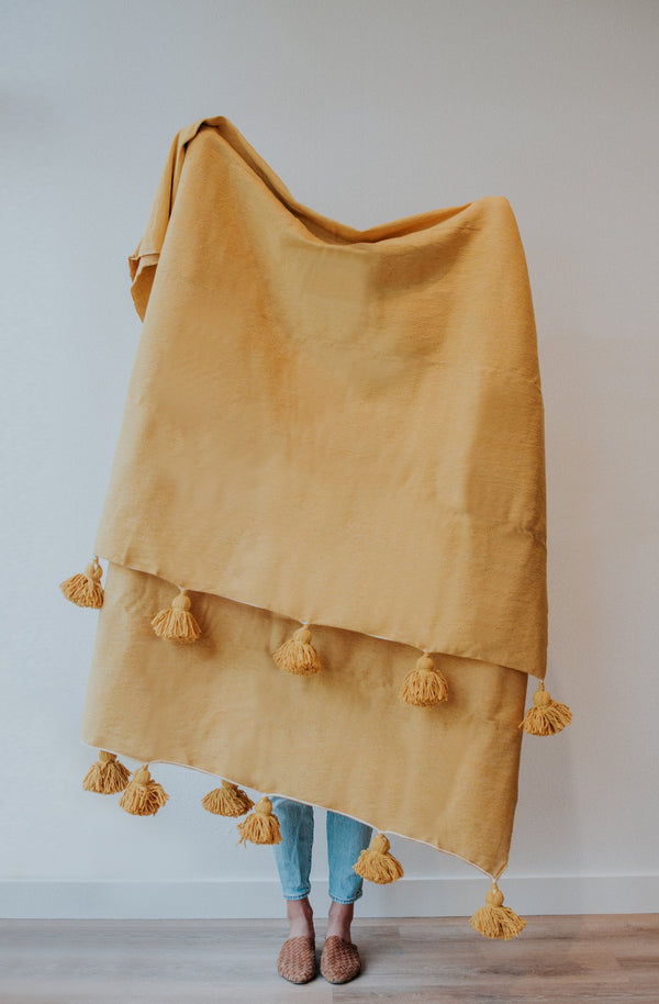 Moroccan Pom Pom Blanket | Mustard