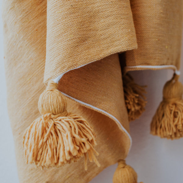 Moroccan Pom Pom Blanket | Mustard