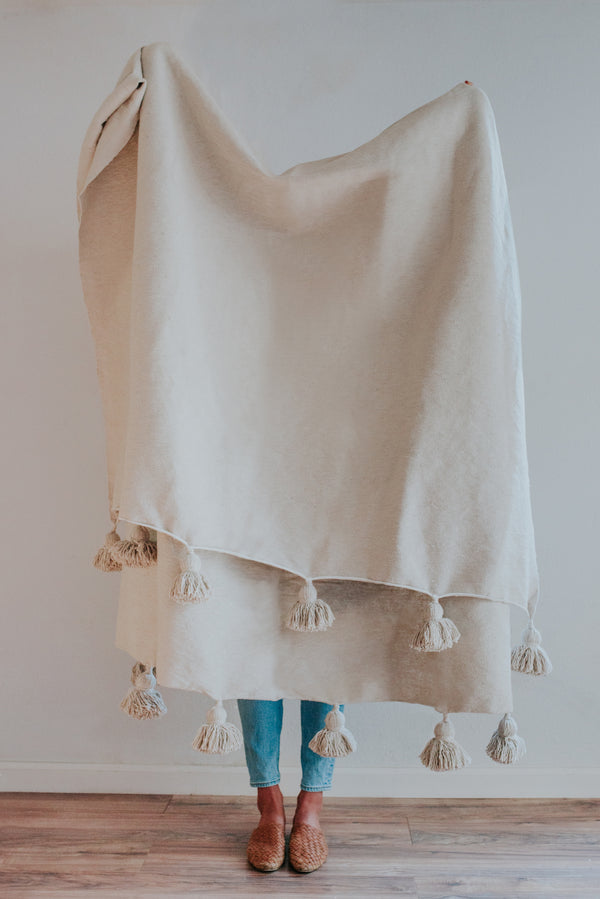 Moroccan Pom Pom Blanket | Natural