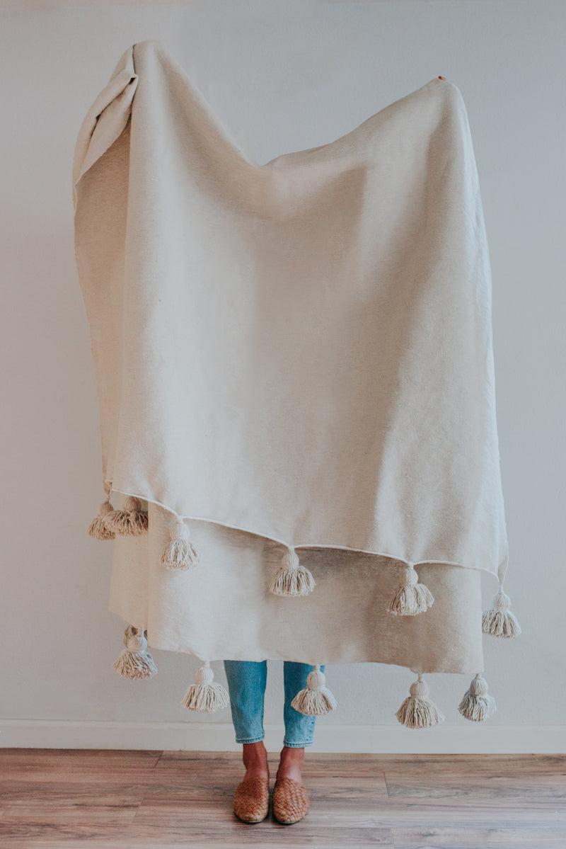 Moroccan Pom Pom Blanket | Natural