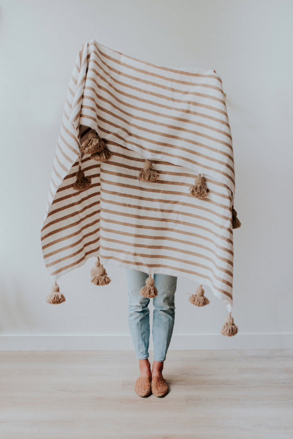 Moroccan Pom Pom Blanket | Tan Stripe
