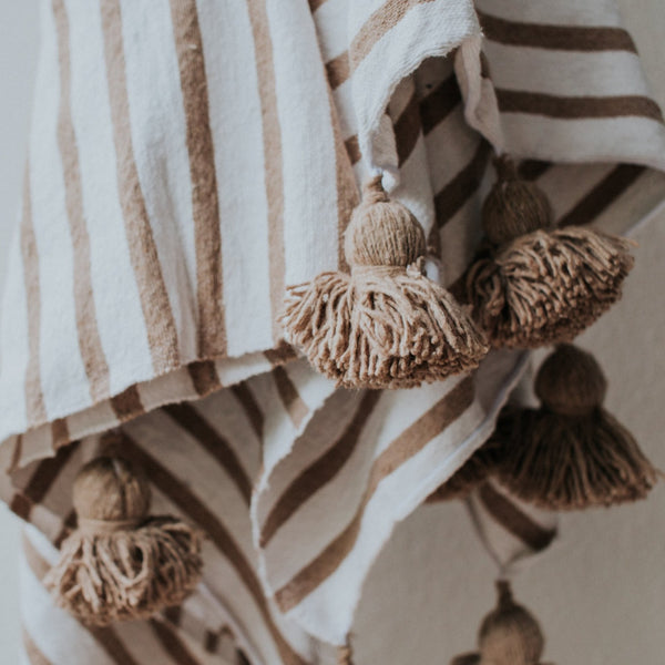 Moroccan Pom Pom Blanket | Tan Stripe